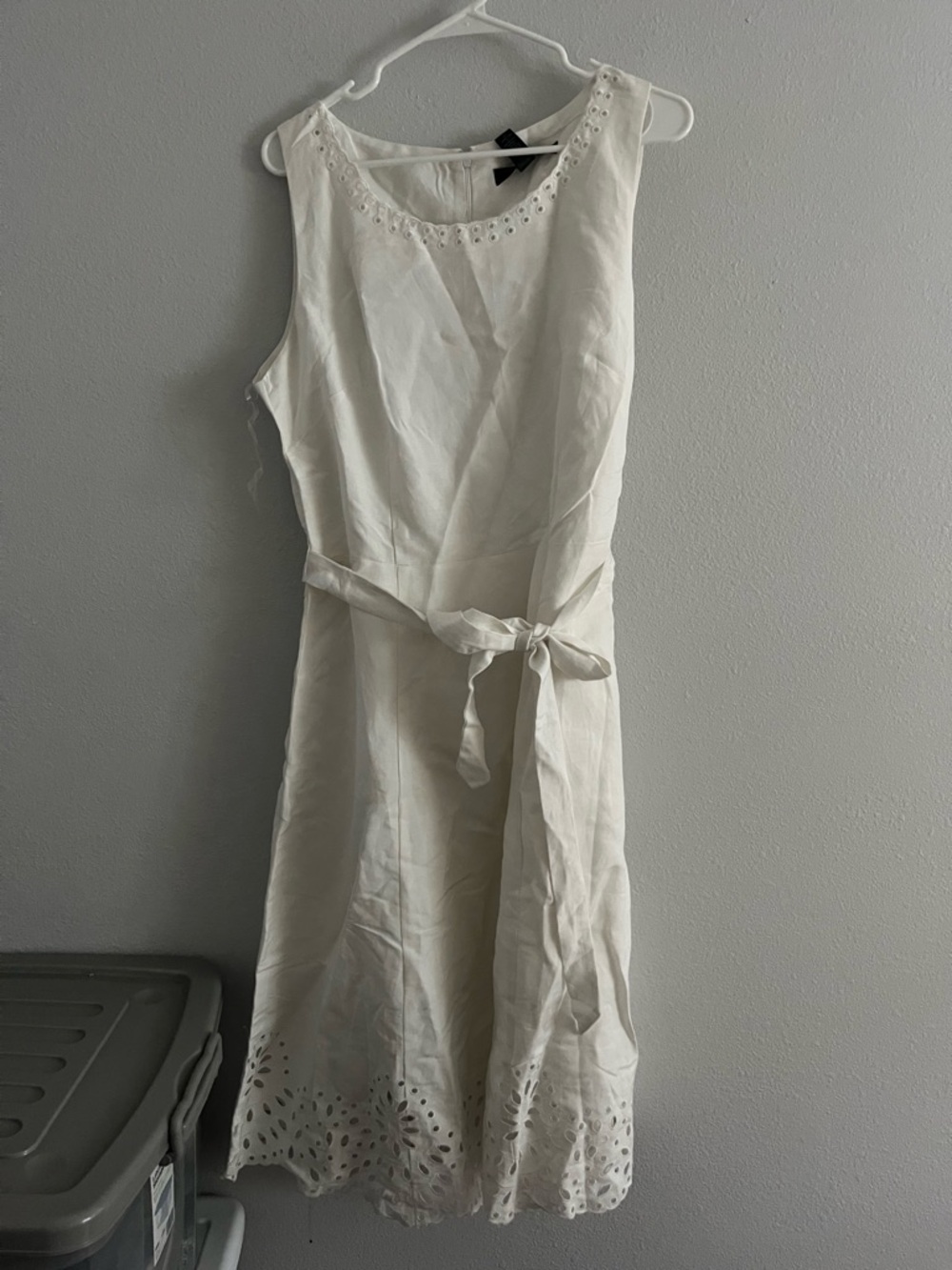 NWT Ashley Stewart Sleeveless White Eyelet Tie-Waist Linen Blend Dress Size 12